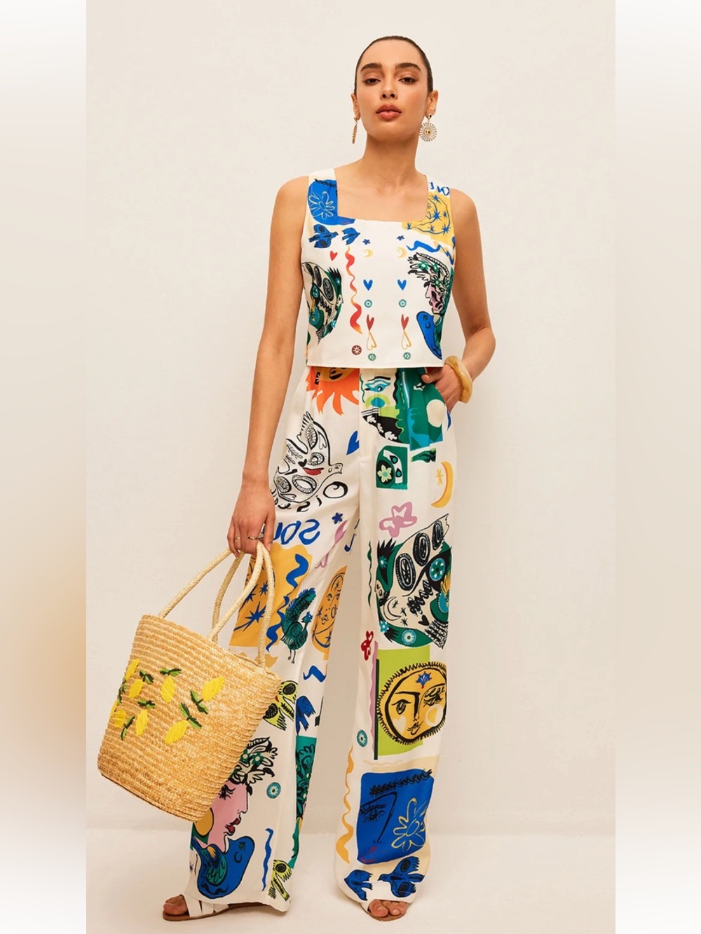 Commense Graphic Print Crop Top With Wide-Leg Pants Set